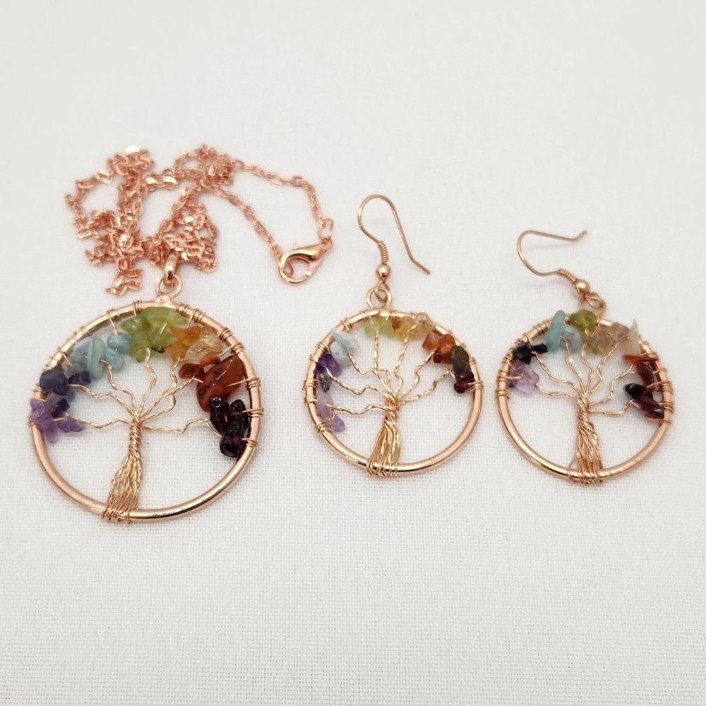 Tree Of Life Genuine Gemstones Pendant Necklace And Earrings #612 NWOT - Picture 5 of 11